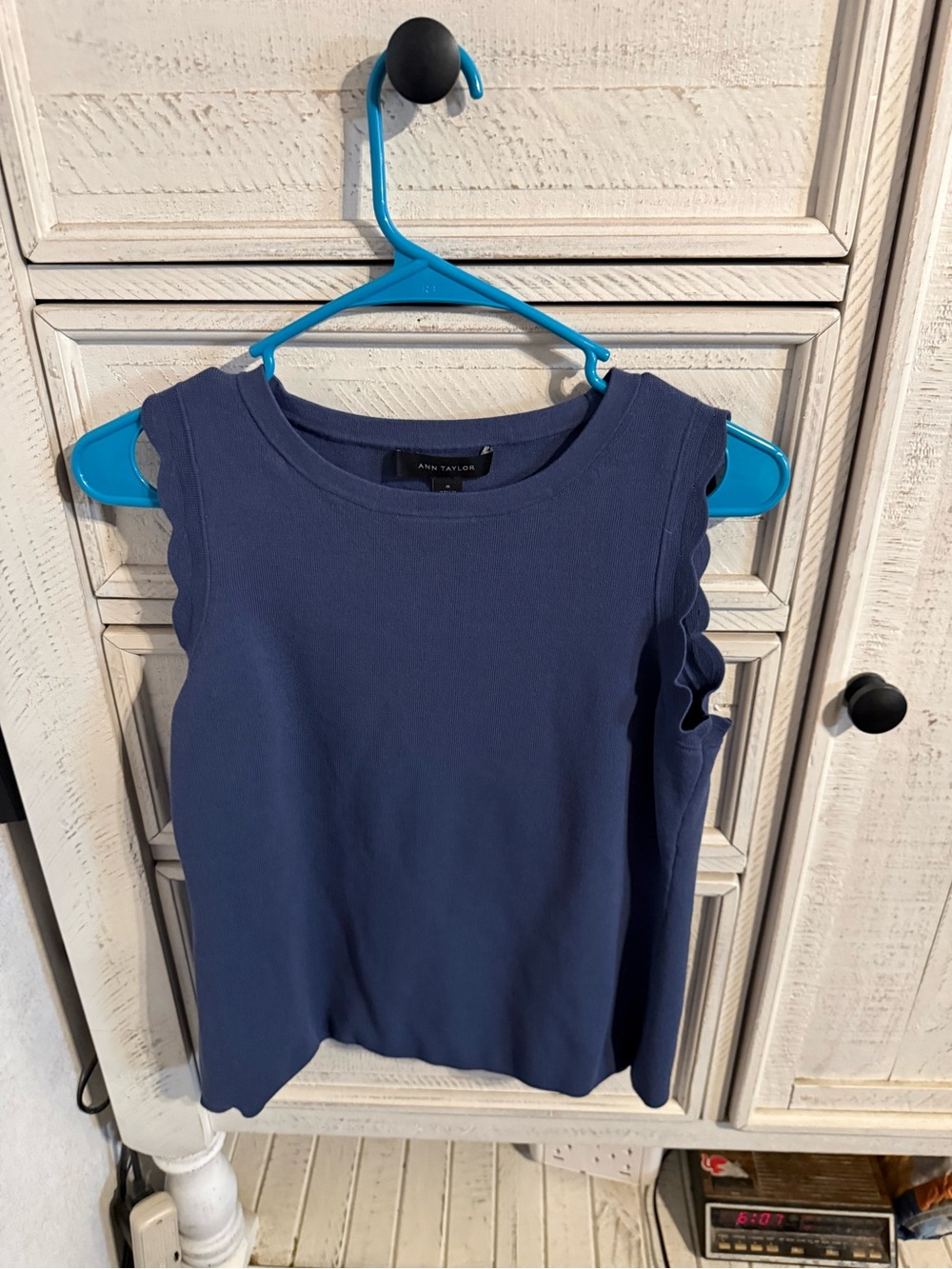Ann Taylor Deep Blue Sleeveless Ruffle-Edge Knit Top